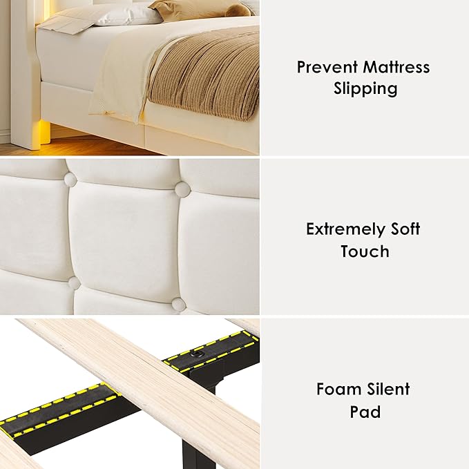Keyluv Queen Floating Bed Frame with Storage Headboard, LED Lights & Charging Station Platform Bed, Soft Upholstered Velvet, USB/Type-C Ports, Easy Assembly, Beige