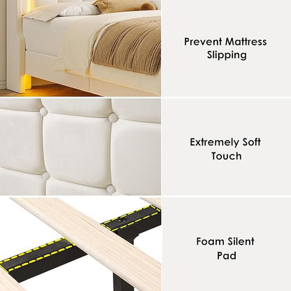 Keyluv Queen Floating Bed Frame with Storage Headboard, LED Lights & Charging Station Platform Bed, Soft Upholstered Velvet, USB/Type-C Ports, Easy Assembly, Beige