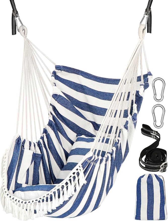 Chihee Hammock Chair Hanging Swing 2 Pillows Included,Strong Webbing Straps and Hooks for Easy Hanging Soft Cotton Hanging Chair Side Pocket Tassel Chair Comfort Indoor Outdoor Blue White