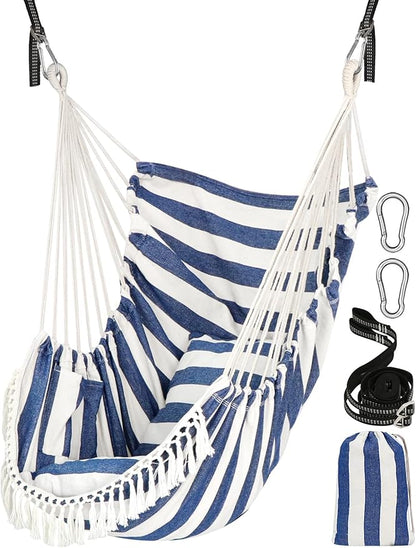 Chihee Hammock Chair Hanging Swing 2 Pillows Included,Strong Webbing Straps and Hooks for Easy Hanging Soft Cotton Hanging Chair Side Pocket Tassel Chair Comfort Indoor Outdoor Blue White