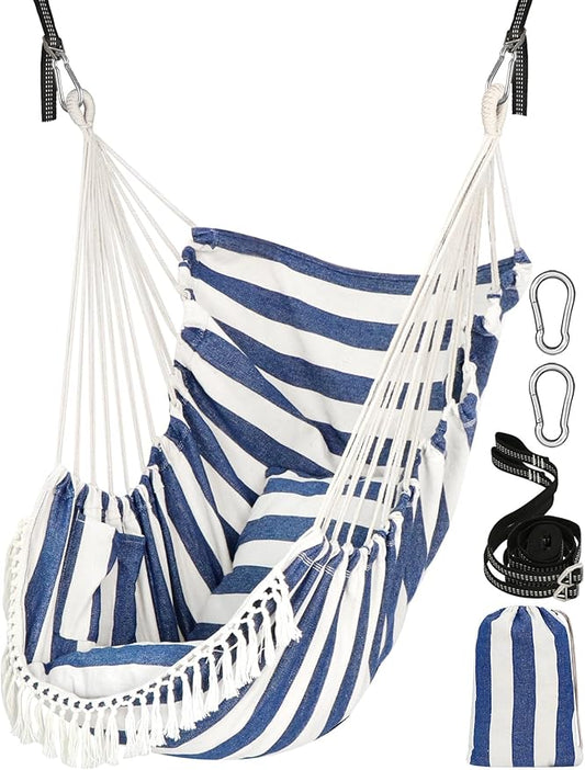 Chihee Hammock Chair Hanging Swing 2 Pillows Included,Strong Webbing Straps and Hooks for Easy Hanging Soft Cotton Hanging Chair Side Pocket Tassel Chair Comfort Indoor Outdoor Blue White