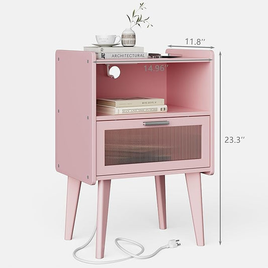 MMEOLUOOK Nightstand with Charging Station, Bedside Tables Pink End Table Side Table with 2 Tiers Storage Space, for Bedroom Living Room MLBZ07PE