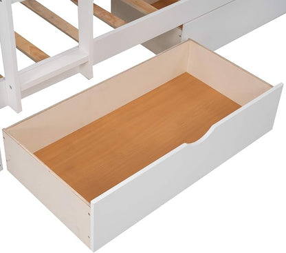 Flieks Triple Bed Twin-Over-Twin-Over-Twin Bed L Shaped Bunk Bed with 2 Drawers and 2 Ladders, No Box Spring Needed