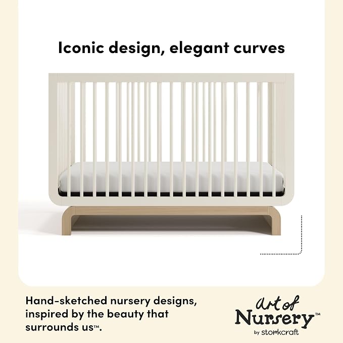 Storkcraft Santorini 5-in-1 Convertible Crib with Toddler Guardrail – GREENGUARD Gold Certified, Conversion Kit Included, 100% Solid Wood, Fits Standard Crib Mattress (Frosted Oat and Driftwood)