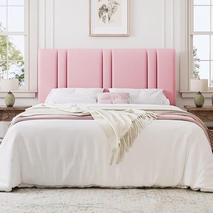SHA CERLIN Full Size Platform Bed Frame, Velvet Upholstered Bed with Adjustable Headboard, Vertical Channel Tufted Design, Sturdy Wood Slat Support, No Box Spring Needed, Easy Assembly, Pink