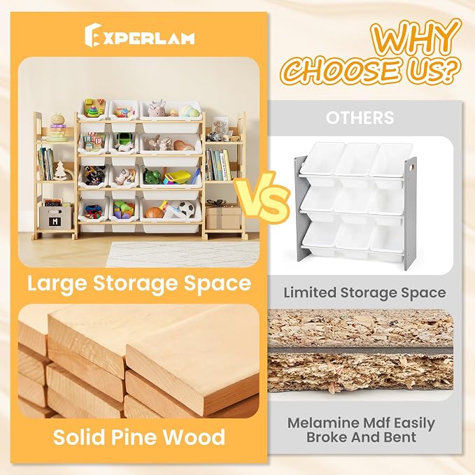 EXPERLAM Extra Large Toy Storage - Toy Storage Organizer, Wooden Toy Organizer with 6 Side Shelves and 12 Bins, 3-in-1 Bookshelf for Kids Rooms, Playroom, Nursery, White