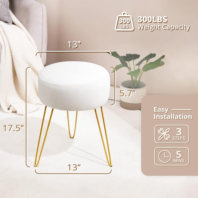 LUE BONA Vanity Stool, White Vanity Stools for Makeup Room, Round Ottoman Foot Stool, Velvet Footrest Vanity Chair for Bathroom Vanity, Bedroom, Living Room, Entryway, Offices