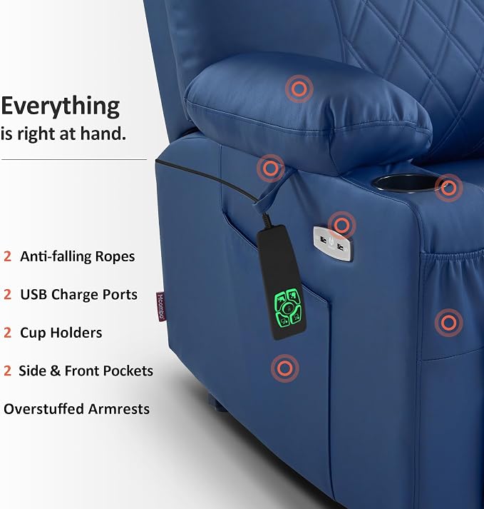 MCombo Small Power Lift Recliner Chair Sofa with Massage and Dual Heating, Adjustable Headrest for Elderly People Petite, USB Ports, Faux Leather 7111 (Blue)
