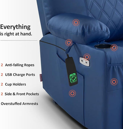 MCombo Small Power Lift Recliner Chair Sofa with Massage and Dual Heating, Adjustable Headrest for Elderly People Petite, USB Ports, Faux Leather 7111 (Blue)