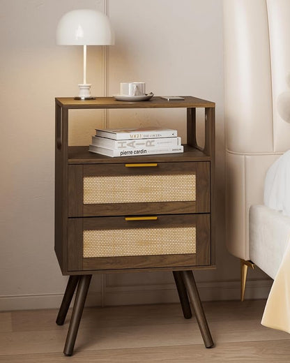 JOONEE Rattan Nightstand,Farmhouse Bedside Table with 2 Storage Drawer and Open Wood Shelf, for Bedroom and Small Spaces,Night Stand with Solid Wood Legs (Walnut Brown)