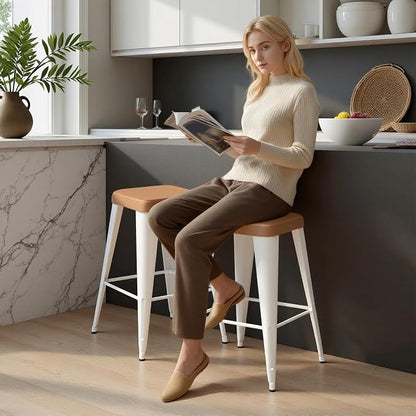 Bar Stools Set of 4, 24" Counter Height Bar Stools Backless, Upholstered Bar Stools with Brown Seat and White Metal Legs for Kitchen Island, Study Room, Cafe