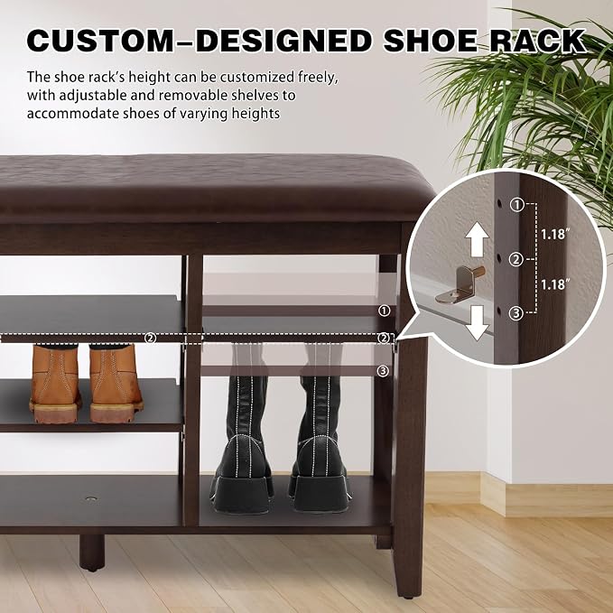 PY HOME & SPORTS Shoe Rack for Entryway 47": 3-Tier Shoe Storage Bench, Adjustable/Removable Shelves, Rubberwood Shoe Benches for Hallway, Porch, Bathroom, Brown