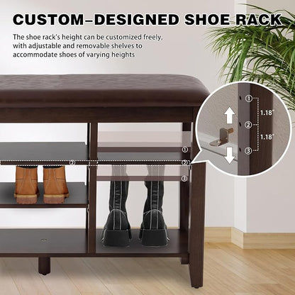 PY HOME & SPORTS Shoe Rack for Entryway 47": 3-Tier Shoe Storage Bench, Adjustable/Removable Shelves, Rubberwood Shoe Benches for Hallway, Porch, Bathroom, Brown