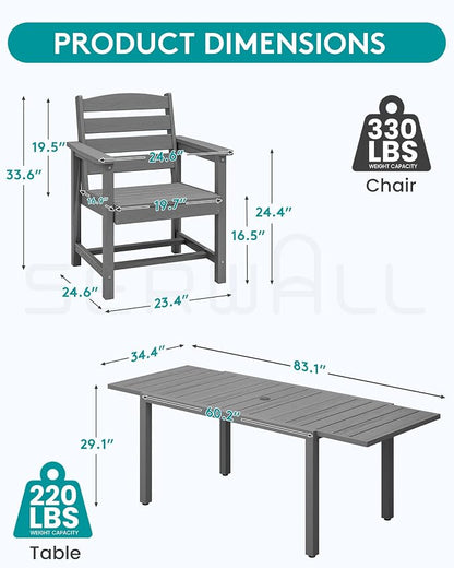 SERWALL Outdoor Expandable Dining Table 60" - 83", Grey | Patio Dining Table for 4-8 People, All Weather HDPE and Aluminum Outdoor Furniture