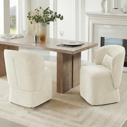 KISLOT Upholstered Dining Chairs with Wheels, Easy Assembly Stain Resistant Fabric Modern Barrel Armchair with Lumbar Cushion, Dining Room Chairs for Kitchen Living Room Bedroom, Beige, Set of 2