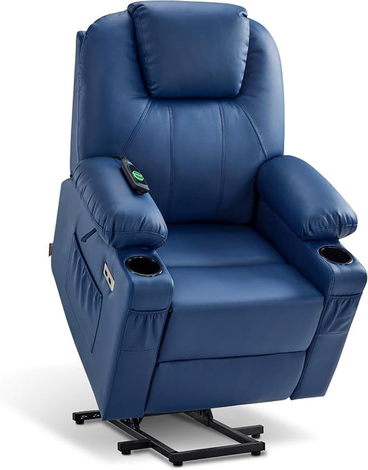 MCombo Power Lift Recliner Chair for Elderly, Lift Chair with Heat and Massage, FSC Certified, USB Ports, Cup Holders, Faux Leather 7141 (Blue, Small)