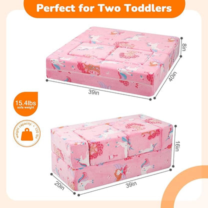 MeMoreCool Modular Kids Couch, Glow Play Toddler Couch for Bedroom Playroom, Convertible Foam Kids Sofa Bed, Fold Out Baby Sofa for Girl Boy, Pink Fairy