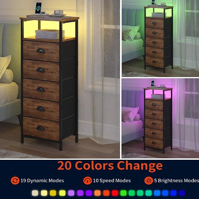 sthmec Nightstand with Charging Station,LED Night Stand with 5 Fabric Drawers, Bedside End Tables, 2-Tier Open Storage Shelf Side Table Nightstands with Drawers for Bedroom,Rustic Brown