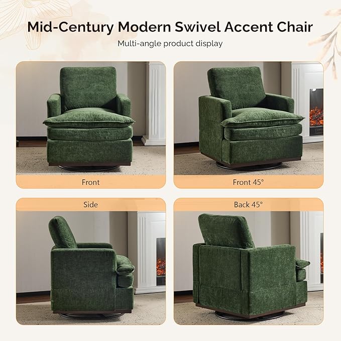 VINGLI 360° Swivel Accent Chairs Set of 2 with Double-Layer Seat Cushions, Comfy Single Square Sofa Armchairs, Upholstered Club Chairs for Living Room,Bedroom, Reading Room, Chenille Green