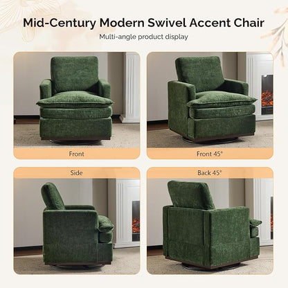 VINGLI Mid-Century Modern Single Swivel Armchair, 360° Swivel Accent Chair, Double-Layer Seat Cushions, Upholstered Square Club Chair for Living Room, Bedroom, Reading Room, Chenille,Green