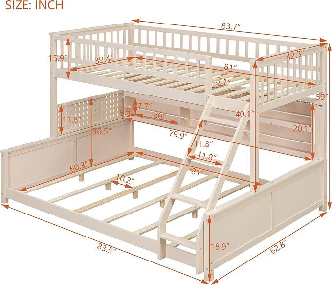 Merax Twin Over Queen Bunk Bed,Wood bunk Bed with LED,Bed with Integrated Shelving, Color-Changing Lights and Pegboard, Twin XL Over Queen, Beige