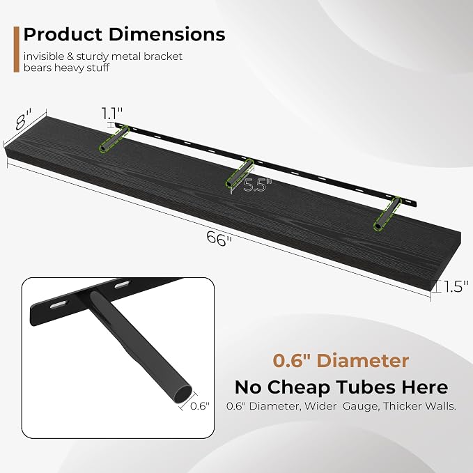 Fun Memories 66 Inch Fireplace Mantel Shelf with Invisible Bracket, 8 Inch Deep Floating Shelf for Living Room, Kitchen, Farmhouse, Black