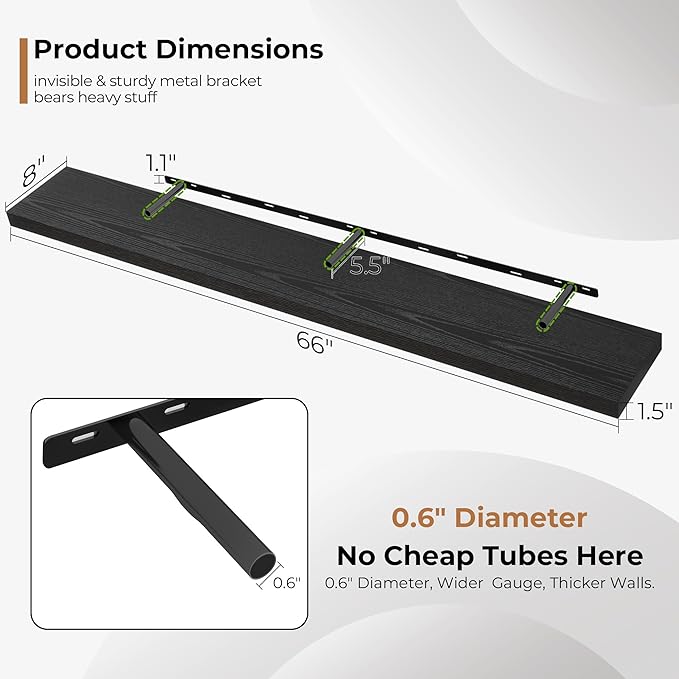 Fun Memories 66 Inch Fireplace Mantel Shelf with Invisible Bracket, 8 Inch Deep Floating Shelf for Living Room, Kitchen, Farmhouse, Black (2-Pack)