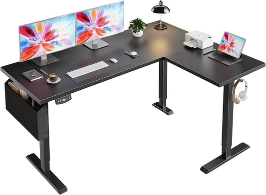 63” L Shaped Electric Standing Desk, Height Adjustable Computer Desk with LED Screen & Memory Presets, Ergonomic Sit to Stand Desk with Headphone Hook for Home, Office and Workstation, Dark Black