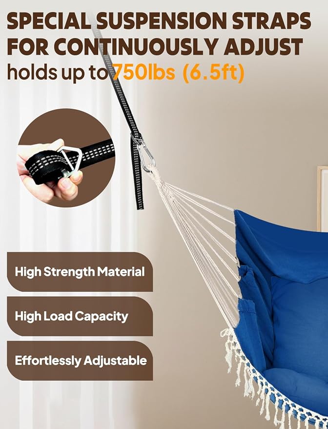 Chihee Hammock Chair Hanging Swing 2 Pillows Included,Strong Webbing Straps and Hooks for Easy Hanging Soft Cotton Hanging Chair Side Pocket Tassel Chair Comfort Indoor Outdoor Royal Blue