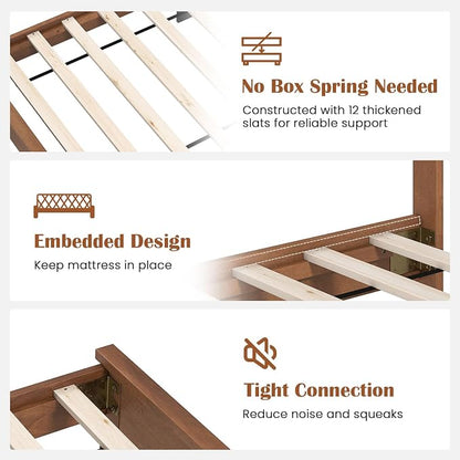 GOFLAME Twin Size Wood Bed Frame, Mid-Century Modern Platform Bed with Headboard, Solid Wood Legs, Mattress Foundation with 12 Wooden Slats, No Box Spring Needed, Walnut