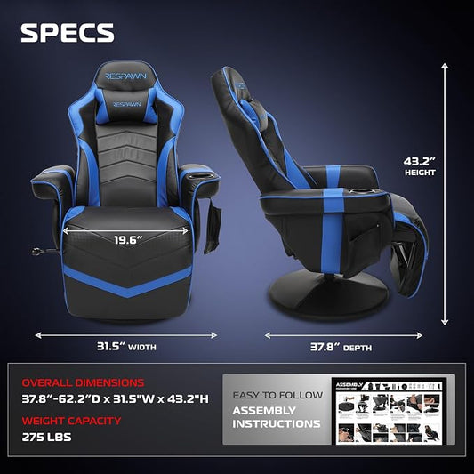 RESPAWN 900 Console Gaming Recliner with Footrest and Lumbar Support - Comfortable Ergonomic Gaming Chair with Headrest, No Wheels, Reclining, Heavy Duty, Racing Style Video Game Chairs - Blue