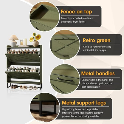 Maupvit Shoe Storage Cabinet with 2 Flip Drawers, Freestanding Shoe Organizer with Metal Legs for Entryway, Narrow Shoe Rack Cabinet, Green