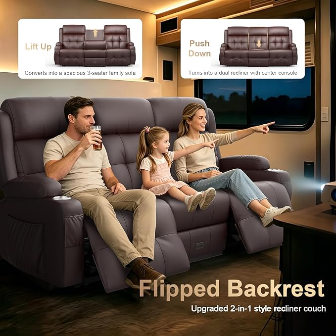 Loveseat Recliner Sofa, Home Theater Seating with Massage, 3 Seat Reclining Loveseats with Flip Backrest, Wall Hugger RV Couch Theater Chairs, RV Furniture Sofas with USB, Cup Holders for Gaming Room
