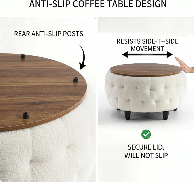 Large Round Storage Ottoman Coffee Table with Wooden Tabletop, 32 Inches Teddy Fleece Tufted Ottoman for Living Room, Bedroom, Apartments (White)