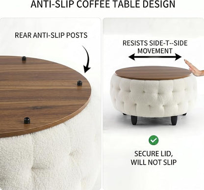 Large Round Storage Ottoman Coffee Table with Wooden Tabletop, 32 Inches Teddy Fleece Tufted Ottoman for Living Room, Bedroom, Apartments (White)