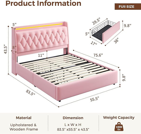 Full LED Velvet Bed Frame with 2 Storage Drawers&Hidden Headboard, Upholstered Platform Bed with Charging Station&Button Tufted Design, Wooden Slats Support, Box Spring Optional, Easy Assembly, Pink