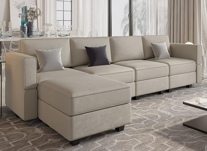 Belffin Modular Sectional Sofa Couch with Reversible Chaise Velvet L Shaped Couch with Storage 4-seat Convertible Sofa Grey…