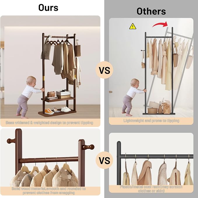 Wooden Coat Rack Freestanding, Hall Tree Hanger With Resin Hooks, Adjustable Heavy Duty Coat Rack for Hanging Clothes Bags Hats in Living Room Bedroom (coat rack, Walnut-23.6x11.4x64.1 in)