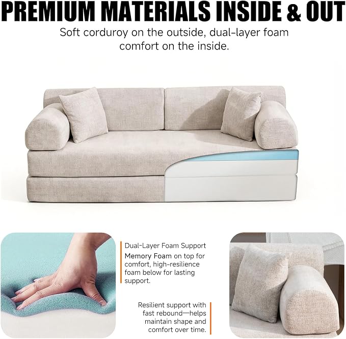 78.84" Boneless Couch with Memory Foam, Corduroy Convertible Loveseat for Apartment Living Room, Floor Sofa Bed,1200 lb, Vacuum Packed Couch in a Box, Light Camel