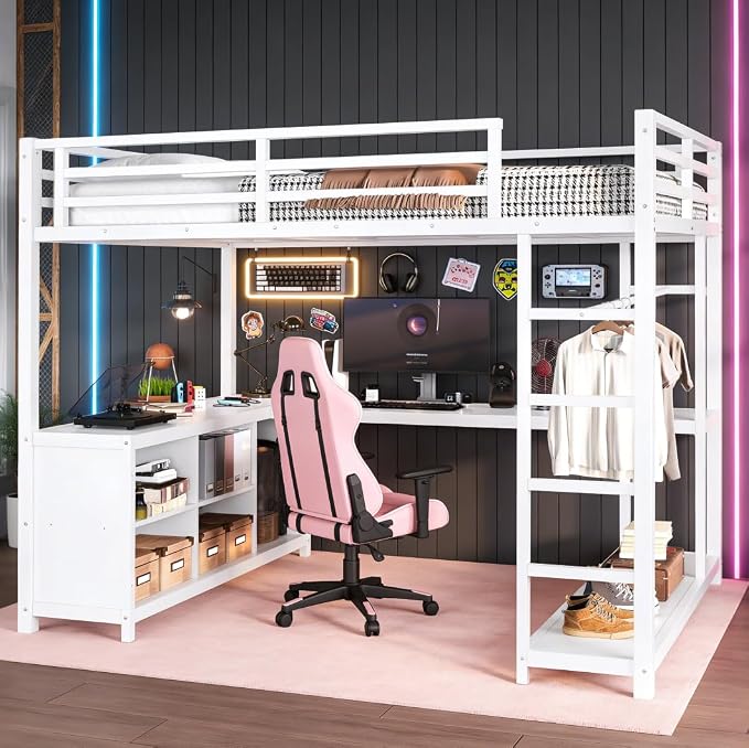 Bellemave Queen loft Bed with L Desk, Wardrobe, Metal Queen Size Loft Bed Frame for Adults, Kids, Teens, White