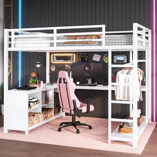 Bellemave Queen loft Bed with L Desk, Wardrobe, Metal Queen Size Loft Bed Frame for Adults, Kids, Teens, White