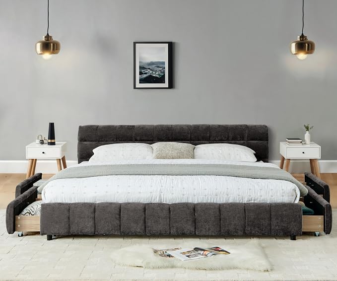 KEIKI King Thick Chenille Bed Frame with 4 Storage Drawer & Upholstered Tufted Headboard, Modern Solid Wood Floor Platform for Bedroom, No Box Spring Needed