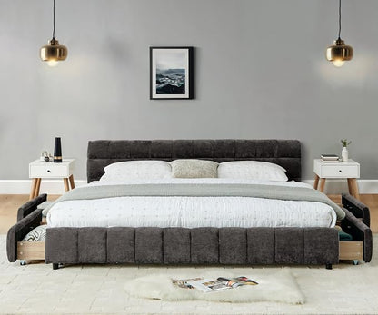 KEIKI King Thick Chenille Bed Frame with 4 Storage Drawer & Upholstered Tufted Headboard, Modern Solid Wood Floor Platform for Bedroom, No Box Spring Needed