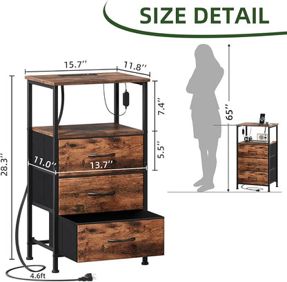 Somdot Nightstands Set of 2,Bedside Tables with Charging Station and LED Lights,Night Stand with 3 Drawers, End Tables with Open Shelf for Small Spaces Bedroom Entryway Hallway, Wood Grain Print
