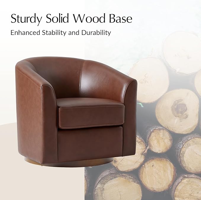 HULALA HOME Genuine Leather Swivel Barrel Chair, Round Swivel Accent Chair with Solid Wood Base, No Assembly Required, Brown