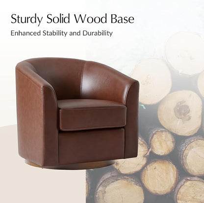HULALA HOME Genuine Leather Swivel Barrel Chair, Round Swivel Accent Chair with Solid Wood Base, No Assembly Required, Brown