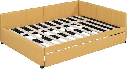 Merax Full Size Upholstered Daybed with Trundle, Yellow Linen Sofa Bed Frame for Bedroom Guest Room, No Box Spring Needed
