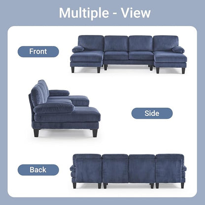 VINGLI 110" Sectional Couches for Living Room,U Shaped Couch with Double Chaise, 4-Seat Sofa Set with Corduroy Fabric for Home Furniture,Ocean Blue