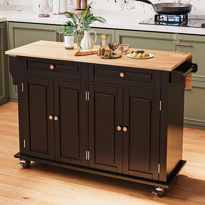 JassmiPkwy 51.2'' Rolling Kitchen Island Cart with Drop Leaf Countertop, Kitchen Carts on Wheels with Storage, 2 Drawers, Towel Rack Island for Dining Room, Black