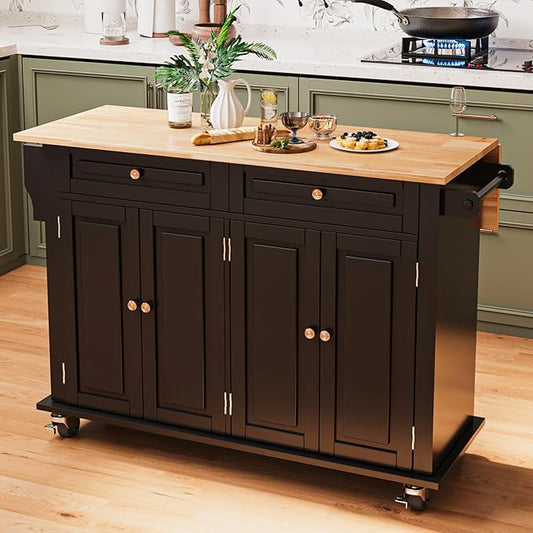 JassmiPkwy 51.2'' Rolling Kitchen Island Cart with Drop Leaf Countertop, Kitchen Carts on Wheels with Storage, 2 Drawers, Towel Rack Island for Dining Room, Black